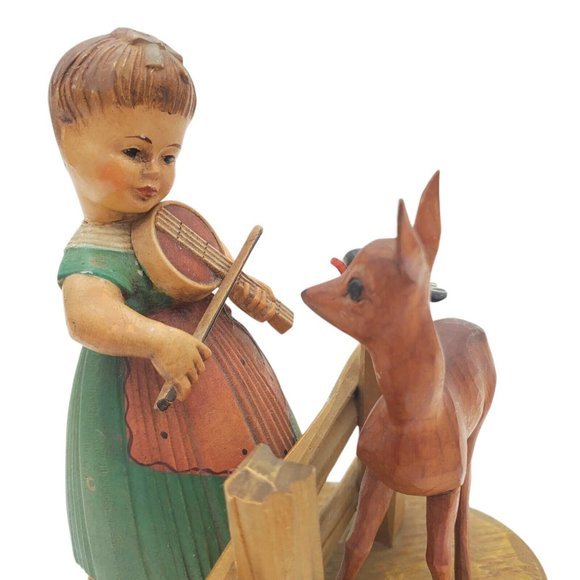 Vintage ANRI Thorens Carved Girl & Deer Wood Figurine Italy Hand Made‎ Darling - Picture 2 of 8